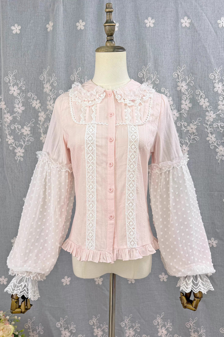 [Candy Stick] Doll Collar Long Lantern Sleeves Ruffled Lace Sweet Elegant Lolita Blouse 4 Colors - Pink - 5