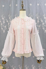 [Candy Stick] Doll Collar Long Lantern Sleeves Ruffled Lace Sweet Elegant Lolita Blouse 4 Colors - Pink - 5