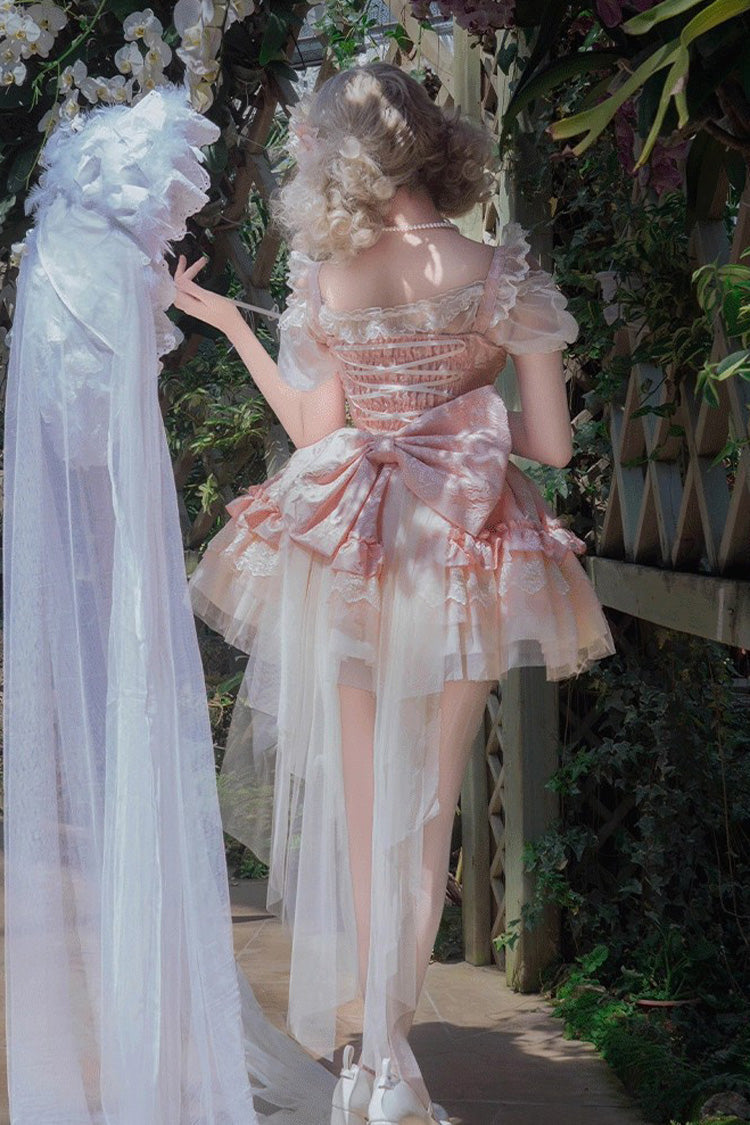 Pink [Fleeting Light and Shallow Dream] Sleeveless Multi-Layered Ruffle Bowknot Lace Slim Sweet Ballet Lolita Jsk Dress - Product - 6