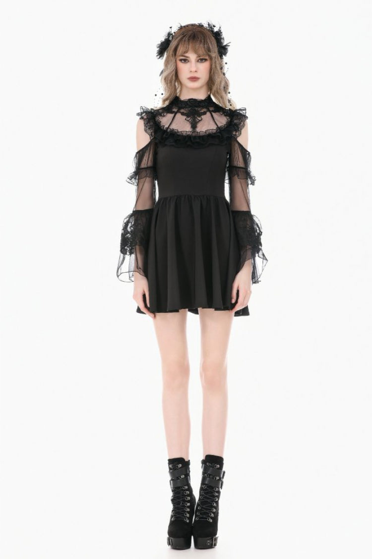 Black Cut-Out Multi-Layered Ruffled Long Trumpet Sleeves Sheer Mesh Splice Lace Lace-Up Women's Gothic Dress - Product - 6