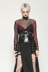 Black/Red Round Collar Long Sleeves Sheer Mesh Tie-dyed Women's Gothic Versatile Basic Top - Black/Red - 1