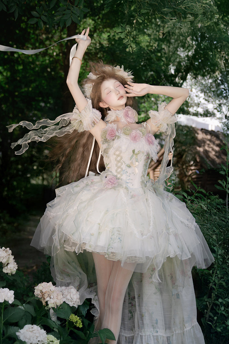 Green [Spring Rose] Sleeveless Multi-Layered Bowknot Lace-Up Fishbone Sweet Lolita Jsk Dress - Product - 15