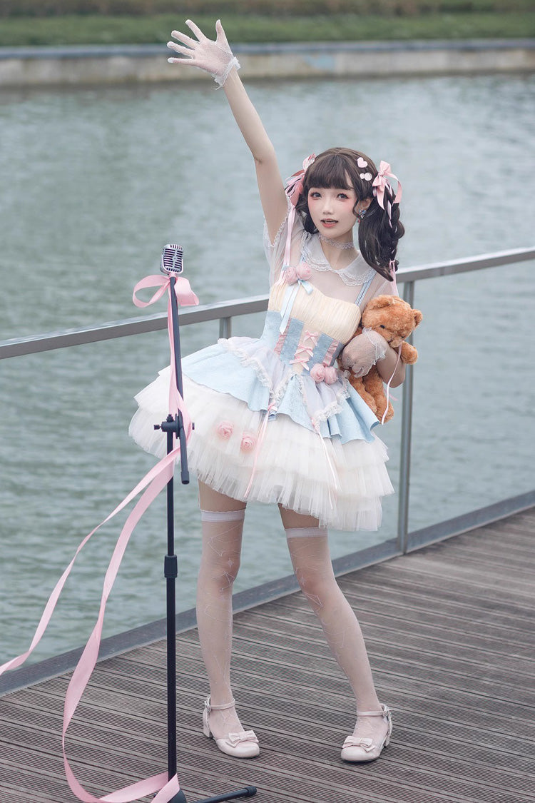 Blue/Pink Rose Peach Wine Sleeveless Multi-layer Ballet Style Sweet Lolita Jsk Dress - Product - 8