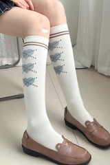 Pearl Knee-High Print Sweet Lolita Socks 4 Colors - White - 1