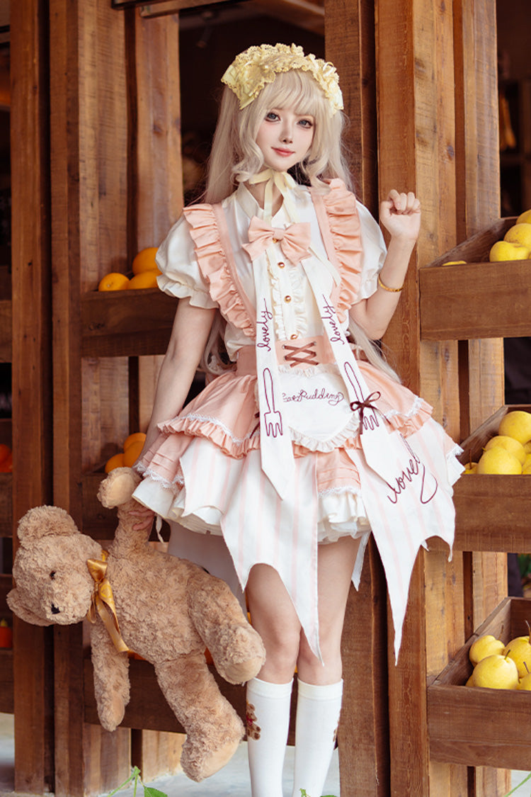 [Fruit Pudding] Vertical Lines Print Bowknot Irregular Sweet Lolita Dress 2 Colors - Pink - 1