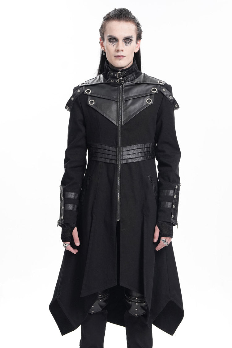 Black Stand Collar Eyelets Buckle-up Ring Long Sleeves Stitching Men's Gothic Coat - Black - 1