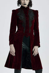 Red Gothic Velvet Stand Up Collar Front Chest Decals Back Waist Lace Up Women's Coat - Red - 1