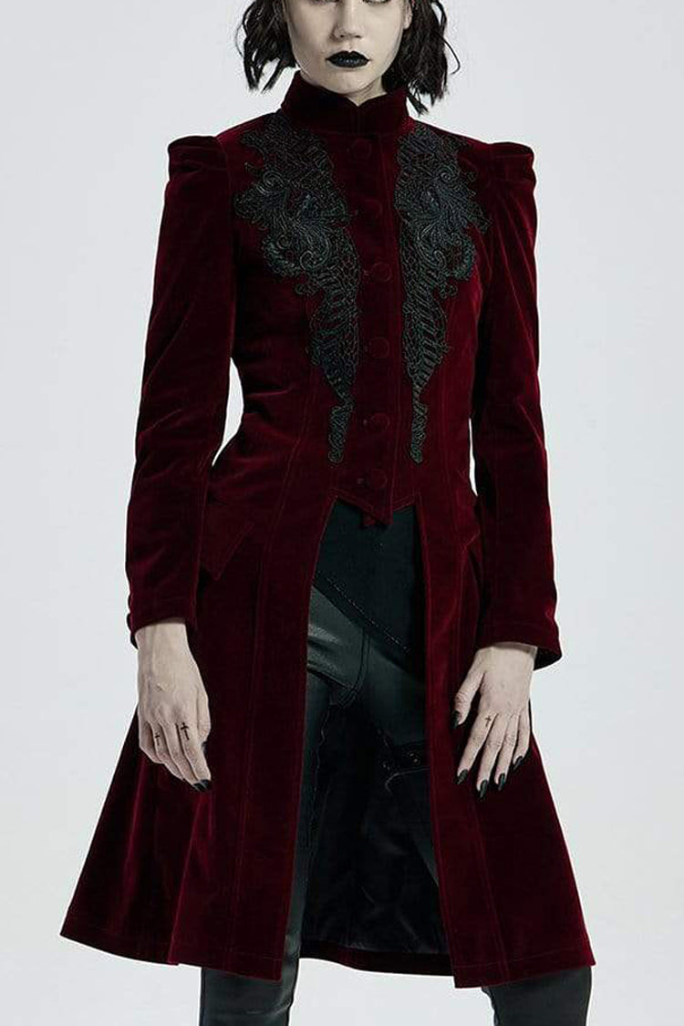 Red Gothic Velvet Stand Up Collar Front Chest Decals Back Waist Lace Up Women's Coat - Red - 1