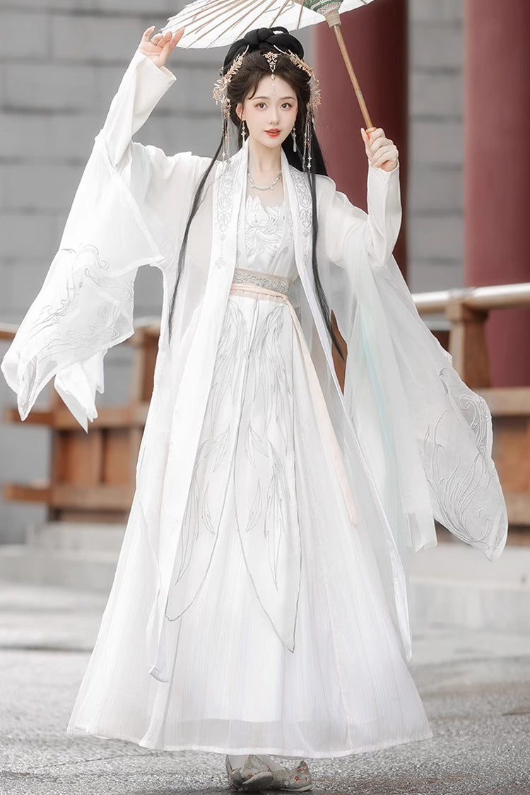 White Long Sleeves High Waisted Jacquard Print Embroidery Women's Sweet Hanfu Dress Full Set - Product - 2