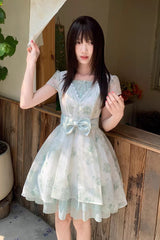 Green Short Sleeves Floral Printed Bow Lace Sweet Princess Lolita Dress - Green - 1