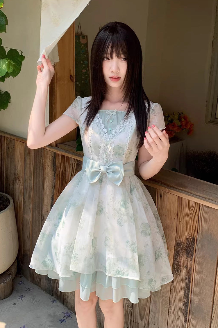 Green Short Sleeves Floral Printed Bow Lace Sweet Princess Lolita Dress - Green - 1