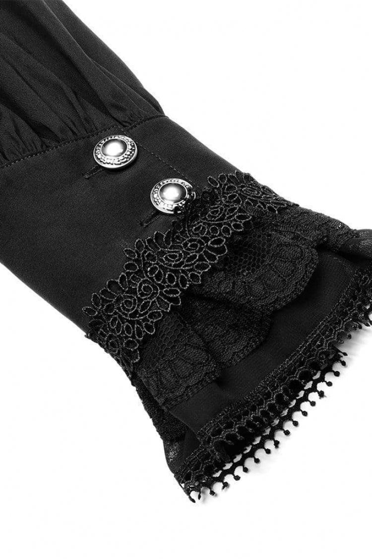 Black Stand Collar Long Sleeves Metal Button Lace Mens Gothic Blouse - Product - 7