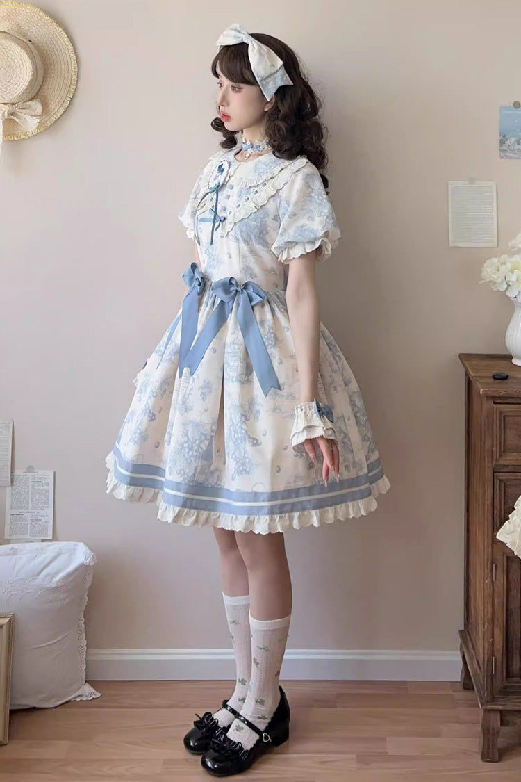 Blue [Grape Moon Almanac] Short Sleeves Multi-Layered Printed Ruffled Bow Sweet Lolita Dress - Product - 6