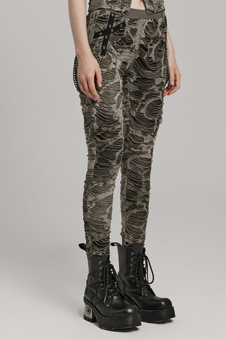 Slim Ripped Eyelet Chain Women's Steampunk Leggings 2 Colors - Product - 10