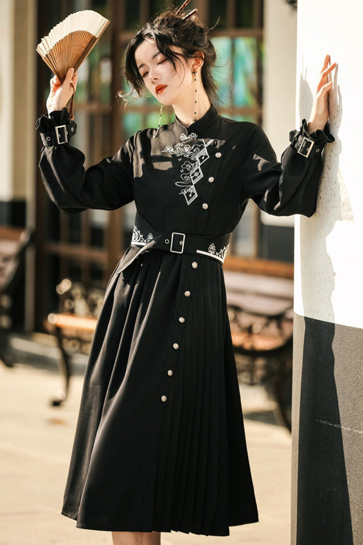 Black Mysterious Long Sleeves Chinese Style Single Breasted High Waisted Print Hanfu Dress - Product - 6