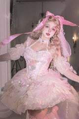 Pink [Dream Garden] Ruffle Hanayome Embroidery Bowknot Lace Fishbone Sweet Princess Gorgeous Lolita Jsk Dress - Product - 11