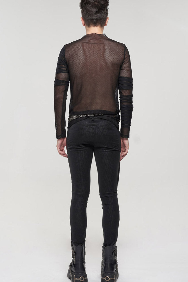 Black Gothic Bandage Design Net Yarn Perspective Men's Sweater - Product - 6