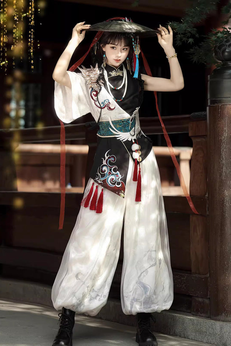 Black/White Stand Collar Single Long Sleeve Printed Embroidered Asymmetric Chinese Style Ouji Set - Product - 2