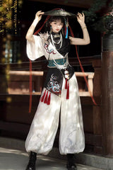 Black/White Stand Collar Single Long Sleeve Printed Embroidered Asymmetric Chinese Style Ouji Set - Product - 2