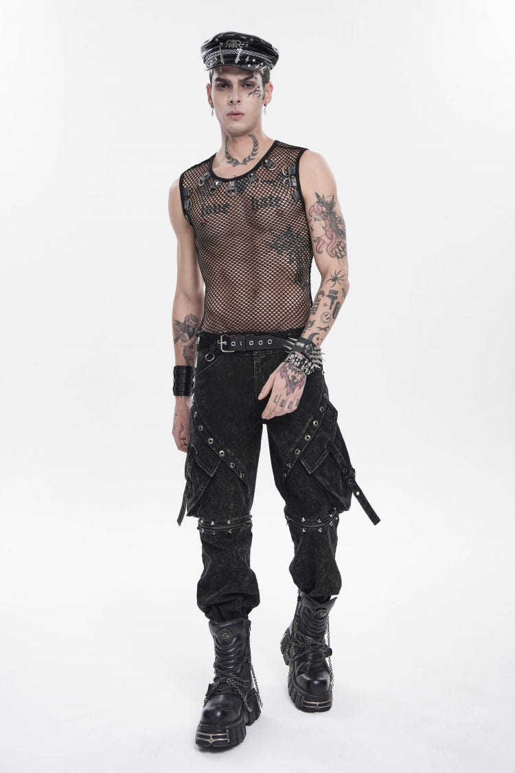 Black Round Collar Sleeveless Slim Sheer Mesh Studded Eyelet Men's Punk Handsome Vest - Product - 12