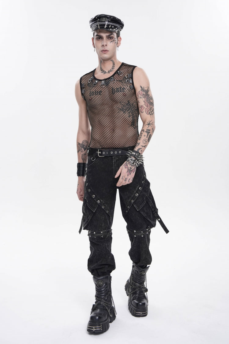 Black Round Collar Sleeveless Slim Sheer Mesh Studded Eyelet Men's Punk Handsome Vest - Product - 12