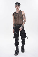 Black Round Collar Sleeveless Slim Sheer Mesh Studded Eyelet Men's Punk Handsome Vest - Product - 12