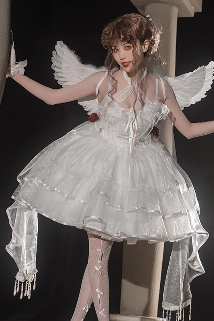 [Seven Deadly Sins] Sleeveless Double-Layered Ruffle Hanayome Bowknot Lace Gothic Plus Size Lolita Jsk Dress 3 Colors - White - 2