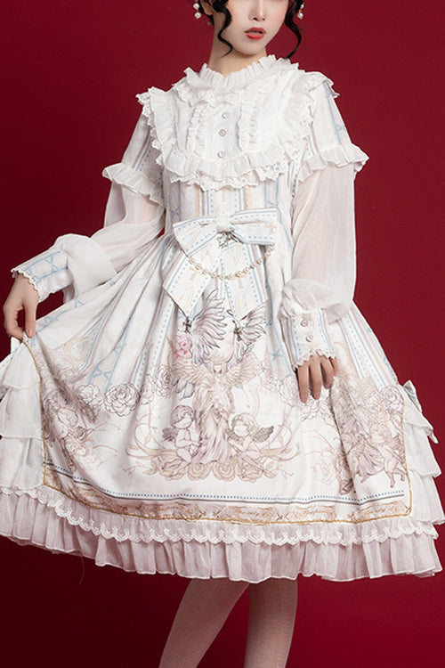 Round Collar Ruffled Long Sleeves Reunion World Print Classic Lolita OP Dress - White - 1