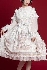 Round Collar Ruffled Long Sleeves Reunion World Print Classic Lolita OP Dress - White - 1