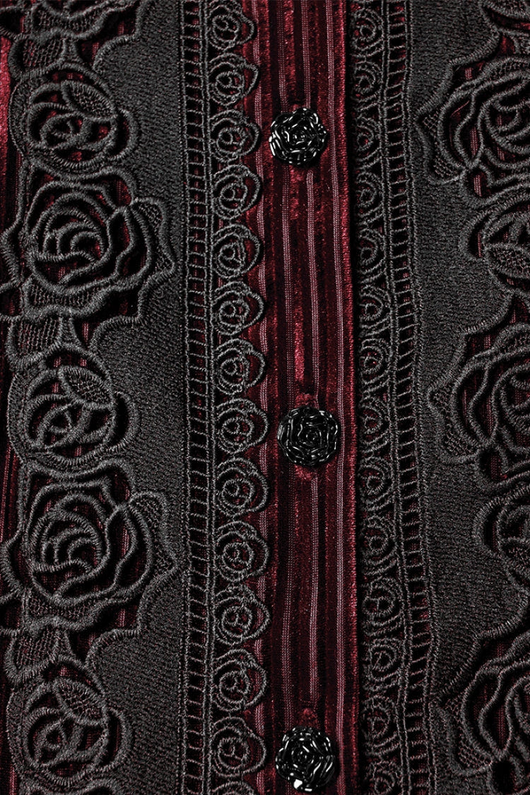 Red Stand Collar Long Puff Sleeves Floral Embroidered Lace-Up Women's Gothic Blouse - Product - 6
