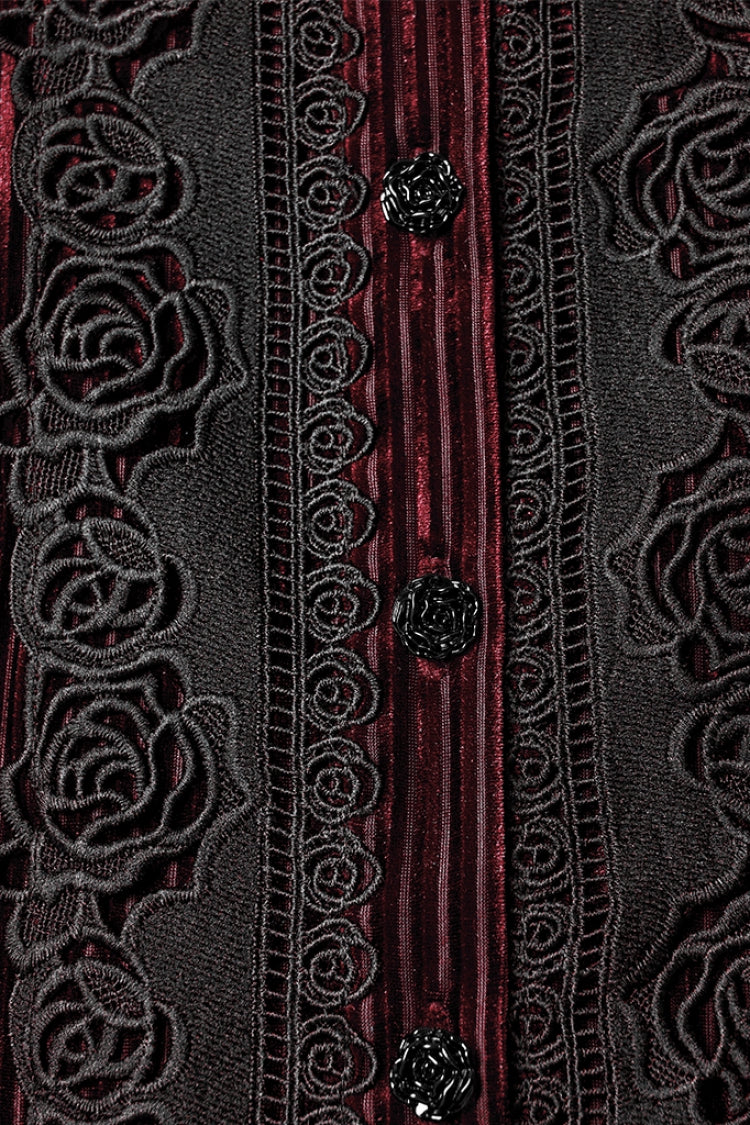 Red Stand Collar Long Puff Sleeves Floral Embroidered Lace-Up Women's Gothic Blouse - Product - 6