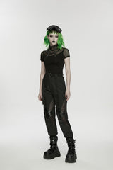 Black Stand Collar Short Sleeves Zippered Women's Punk Rivets&Eyelets T-Shirt - Product - 11