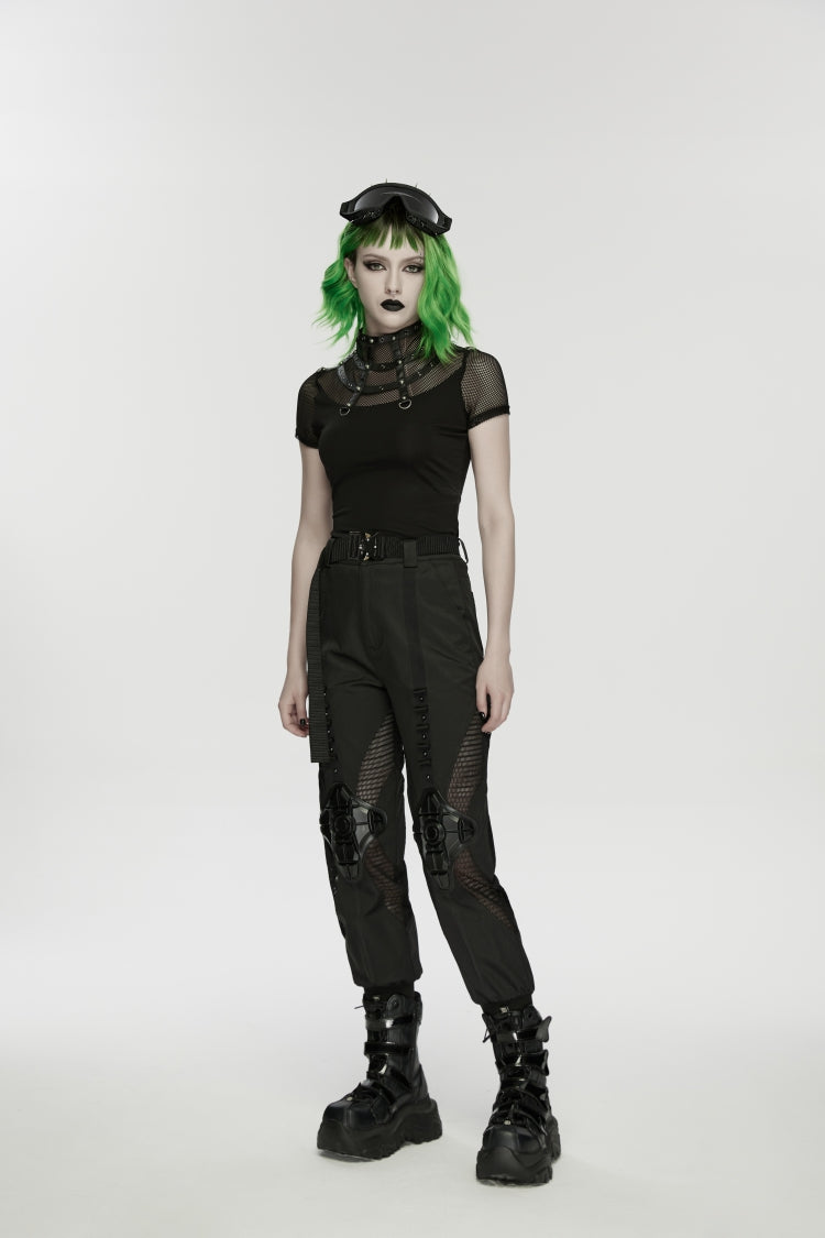 Black Stand Collar Short Sleeves Zippered Women's Punk Rivets&Eyelets T-Shirt - Product - 11