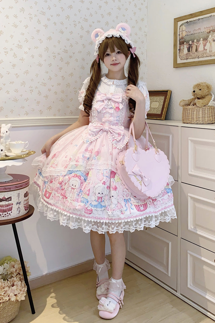 Pink [Cute Rabbit Sweet Cake] Print Ruffle Bowknot Lace Sweet Lolita Jsk Dress - Product - 4