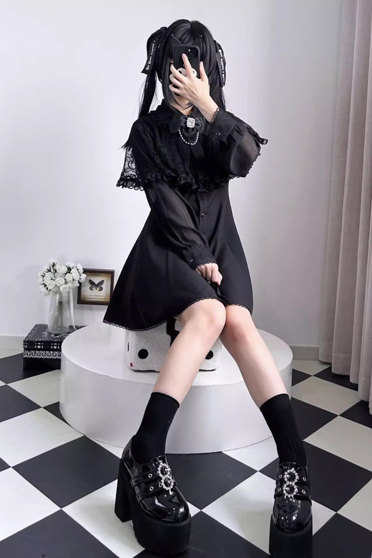 Black Shawl Lace Chiffon Long Sleeves Lace Slim Jirai Kei Dress - Product - 2