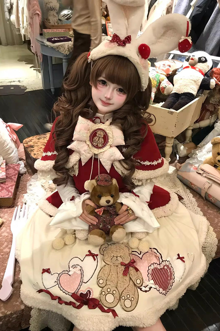 Red [New Year] Long Sleeves Embroidered Bow Lace Sweet Lolita Skirt and Rabbit Ears Cloak Set - Red(Set) - 2