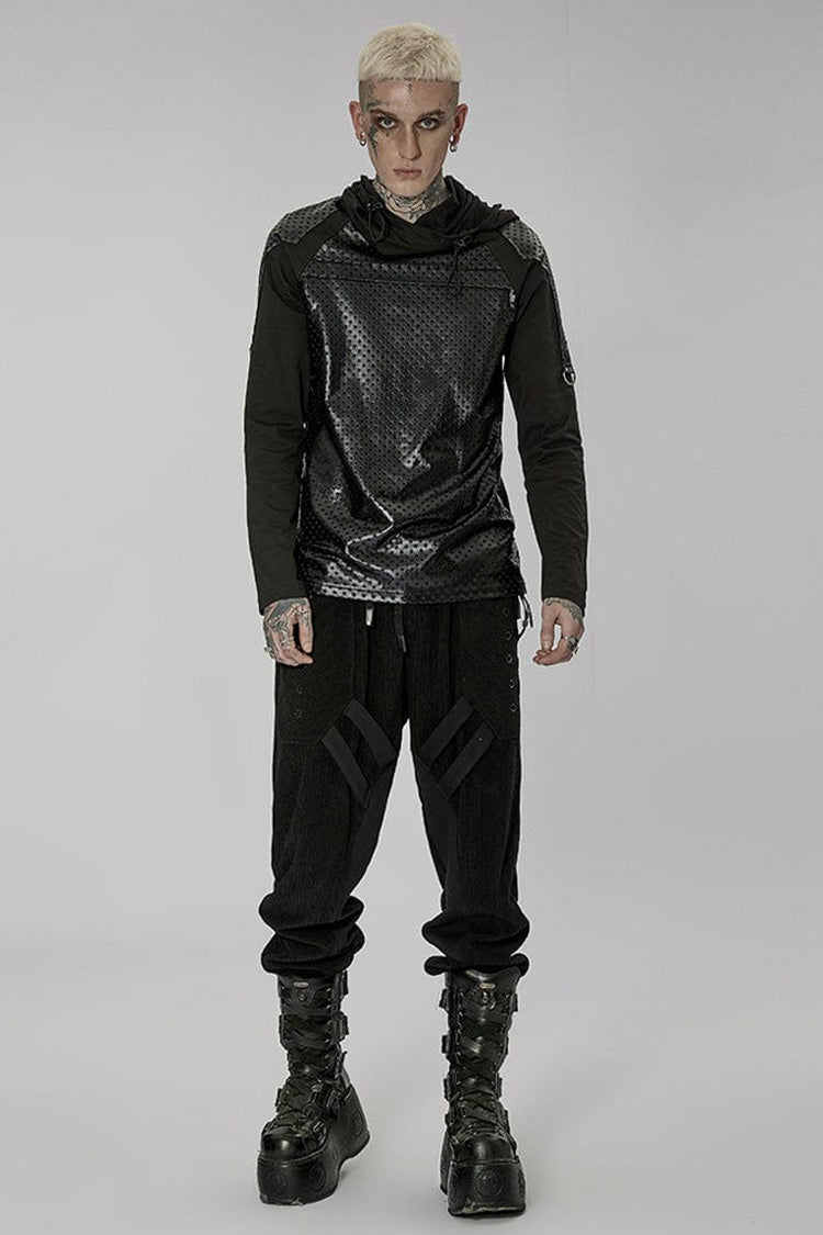 Black Punk Turtleneck Stretch Knit Panel Cutout Drawstring Hooded Men's T-Shirt - Product - 4