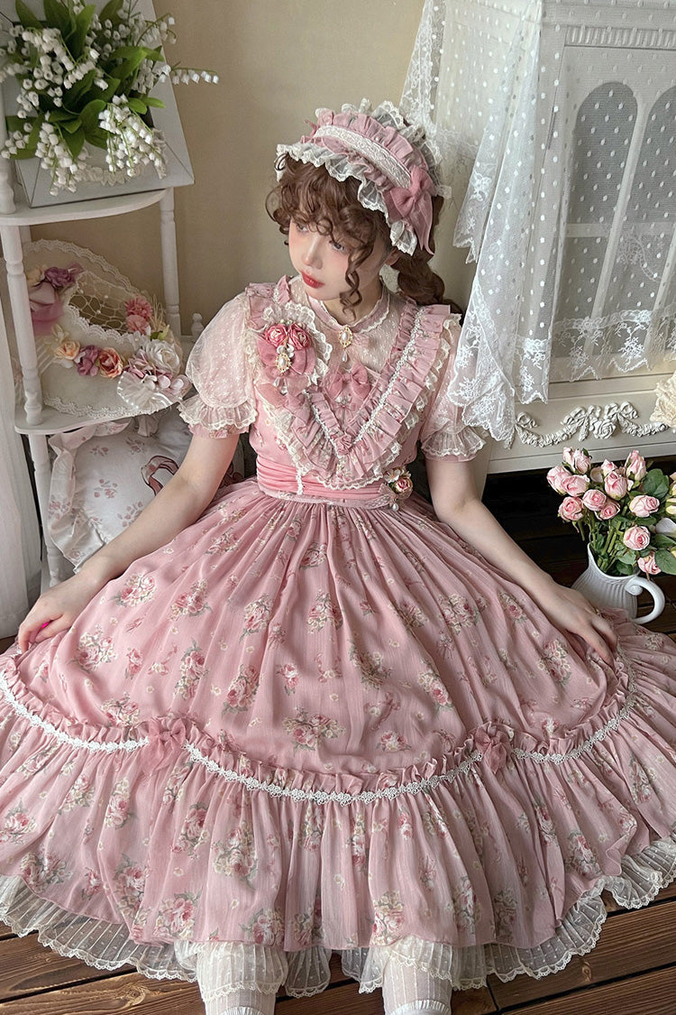 [Daydream Rose] Short Sleeves Floral Jacquard Print Ruffle Embroidery Bowknot Sweet Lolita Dress 3 Colors - Product - 8