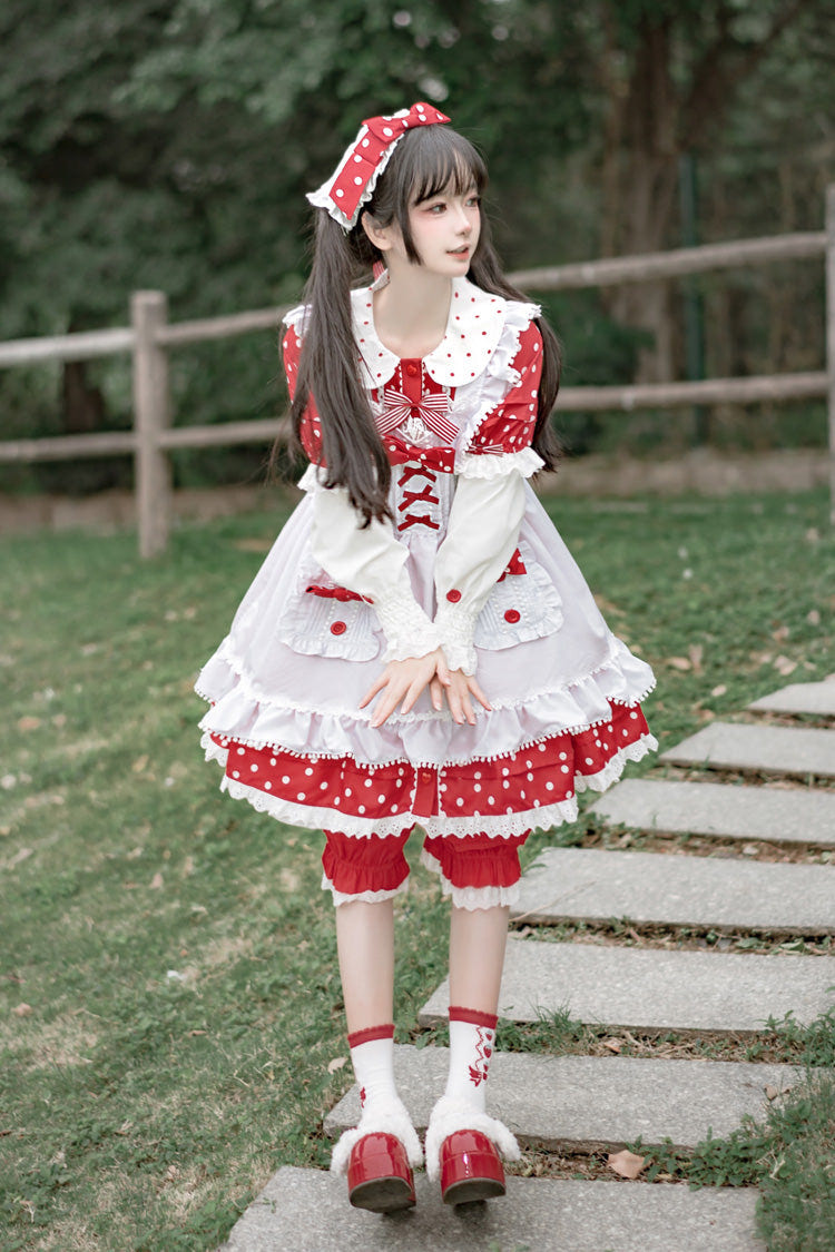 Red/White Doll Collar Short Sleeves Mushroom Princess Print Polka Dots Ruffle Sweet Lolita Dress - Product - 2