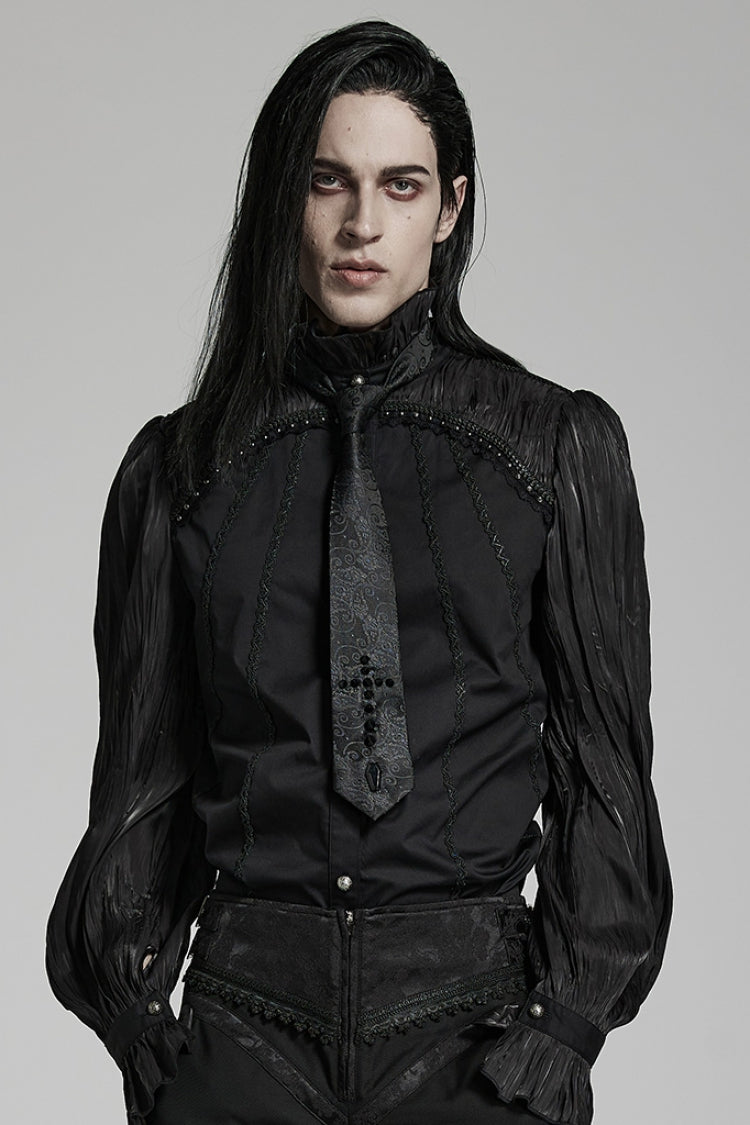 Black Cross Spike Print Embroidery Men's Gothic Tie - Product - 4