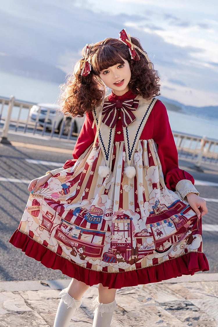 Red Long Sleeves Squirrel Popcorn Print Bowknot Sweet Lolita Dress - Red - 1