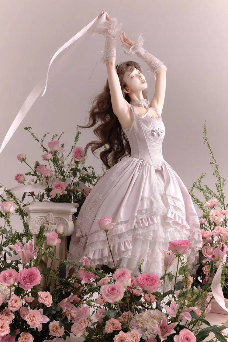 Pink [Promise of the Rose] Multi-Layered Ruffled Hanayome Open-Front Bow Sweet Gorgeous Lolita Jsk Dress Set - Product - 5
