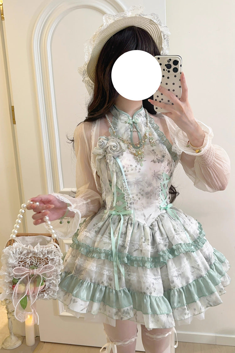 Peach Moon Bamboo Halterneck Multi-layer Print Ruffle Sweet Chinese Style Lolita Dress 2 Colors - Green - 1
