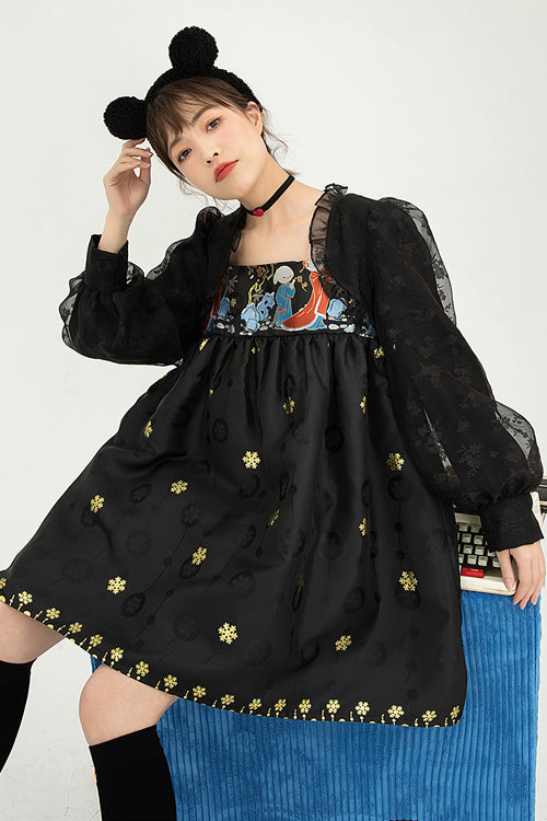 Black Square Neck Organza Print Ruffled Lantern Sleeves High Waisted Sweet Lolita OP Dress - Product - 7