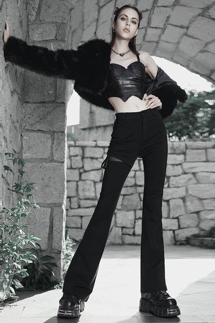 Black Side Open Drawstring Design Sexy Elastic Women's Punk Flared Pants - Product - 4