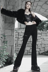Black Side Open Drawstring Design Sexy Elastic Women's Punk Flared Pants - Product - 4