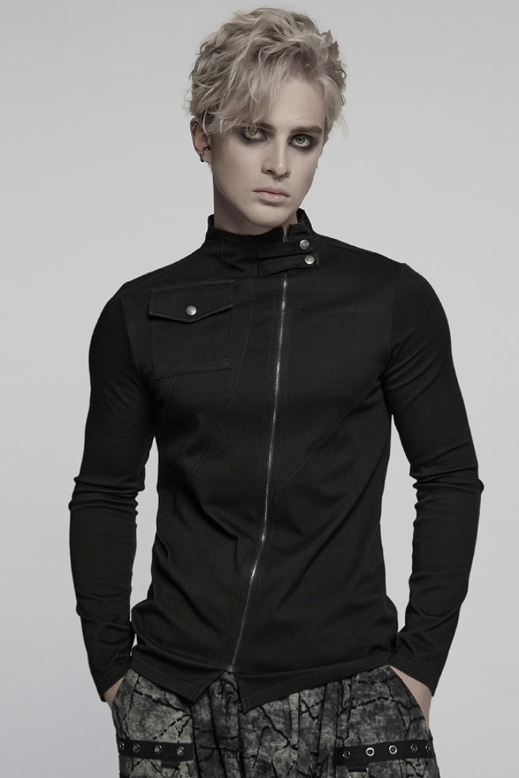 Black Stand Collar Long Sleeves Asymmetric Zipper Men's Punk Blouse - Black - 1