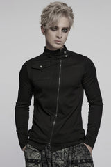 Black Stand Collar Long Sleeves Asymmetric Zipper Men's Punk Blouse - Black - 1