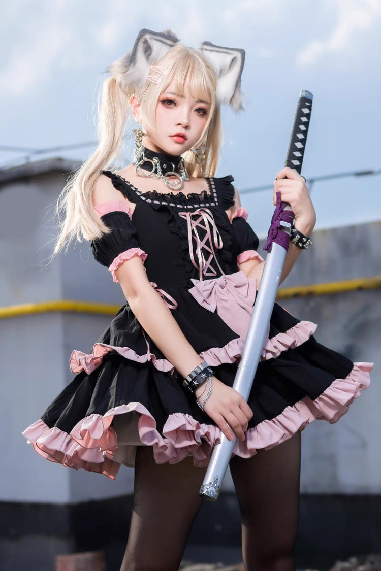 Black/Pink Sleeveless Multi-layer Ruffle Bowknot Sweet Hunt Lolita Jsk Dress - Product - 4