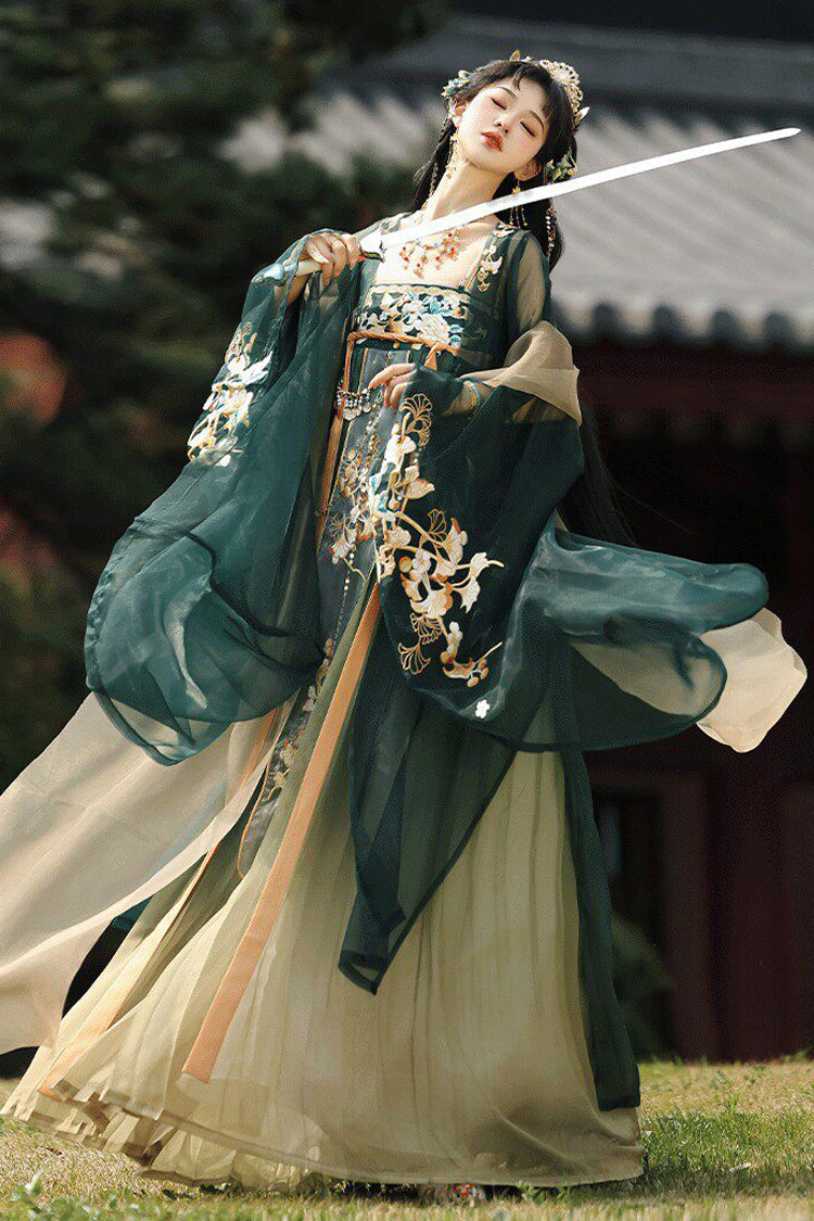 Green [Cloud Brocade And Spring Splendor] High Waisted Embroidered Women's Classic Luxurious Hanfu Dress Set - Product - 4